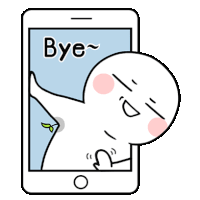 a cartoon character is standing in front of a cell phone and saying `` bye '' .