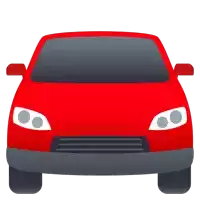 a red car with a gray bumper and a black windshield