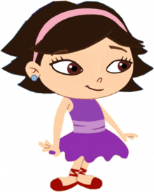 a cartoon girl in a purple dress with red shoes