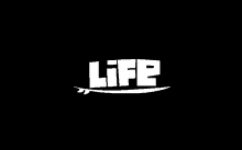 a white life logo with a surfboard on it