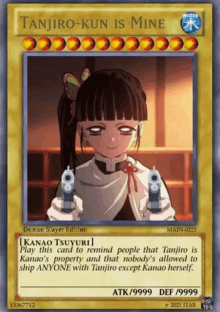 a card that says tanjiro-kun is mine with a picture of a girl holding two guns