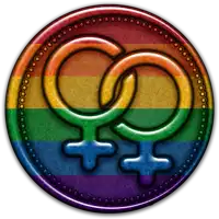 a coin with a rainbow flag and two female symbols