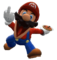 a cartoon character named mario is holding a piece of pizza and giving the middle finger