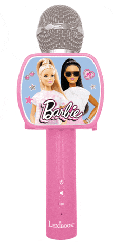 a pink lexibook microphone with barbie on the front