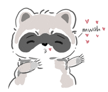 a drawing of a raccoon with the word mwah written on it