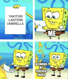 a cartoon of spongebob holding a sign that says yakitori lantern umbrella