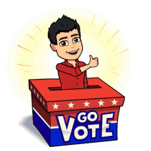 a cartoon man is giving a thumbs up while sitting in a box that says go vote