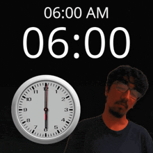 a man with glasses stands in front of a clock that reads 06:00 am
