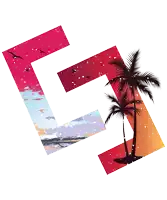 the letter l is surrounded by a palm tree and seagulls