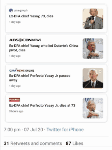 a screenshot of a news article about ex-dfa chief perfecto yasay jr