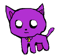 a cartoon drawing of a purple cat with a yellow crescent moon around its neck