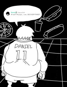 a black and white drawing of a man with daniel 11 on his back