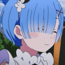 a close up of a anime character with blue hair