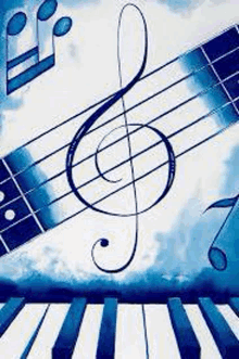 a blue and white painting of a treble clef , a guitar , and a piano keyboard .