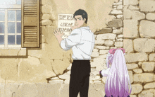 a man and a girl are standing in front of a sign that says " open "