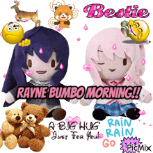 a picture of rayne bumbo morning with two stuffed dolls and teddy bears