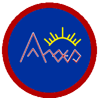 a blue circle with a red border and a drawing of a mountain and sun