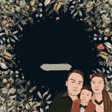 a drawing of a family surrounded by leaves on a black background