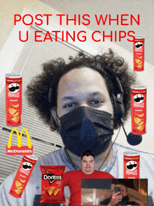 a man wearing a mask is surrounded by pringles and doritos