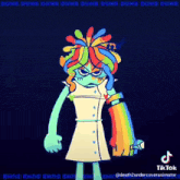 a cartoon character with a rainbow hair and a rainbow arm is standing in a dark room .