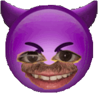 a purple face with devil horns and a mustache on it