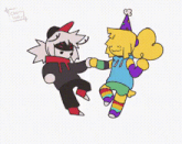 a cartoon of two cartoon characters standing next to each other .