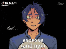 a drawing of a man with blue hair and a caption that says " tail "