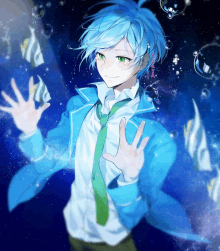 a boy with blue hair and green eyes is reaching out towards fish