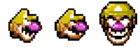 a pixel art of wario wearing a yellow hat and a purple nose .