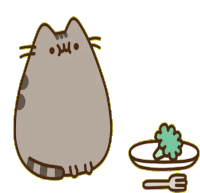 a pusheen cat is standing next to a plate of food and a fork