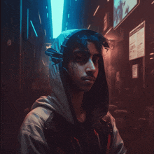 a young man wearing a hooded jacket is standing in a dark alleyway