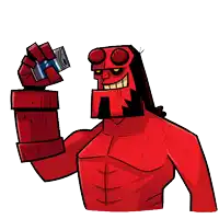 a cartoon drawing of hellboy holding a can