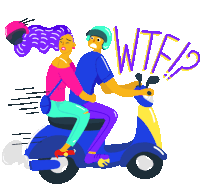 an illustration of a man and woman riding a scooter with the word wtf written on it