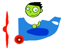 a green cartoon character is flying in a blue plane with a red propeller