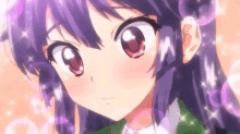 a close up of a girl 's face with purple hair and red eyes