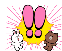 a brown bear and a white rabbit are standing next to a pink exclamation point