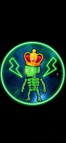 a green skeleton with a crown on his head and lightning bolts behind him