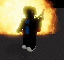 a roblox character holding a gun in front of a large fire