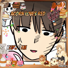 a cartoon of a girl with the words acorn loves red on it