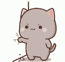 a cartoon cat is standing next to a stick and looking angry .