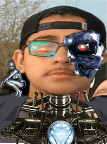 a man wearing glasses and a hat is surrounded by a robot