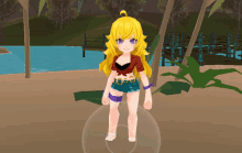 a cartoon girl with yellow hair is standing on a sandy beach