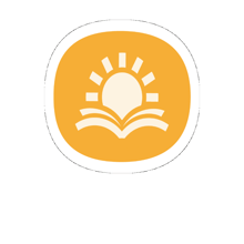 a yellow circle with a sun and an open book