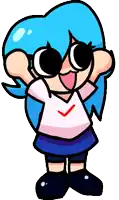 a cartoon girl with blue hair and sunglasses is standing with her arms outstretched .
