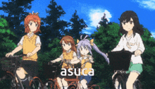 a group of anime girls riding bicycles with the word asuca in the corner