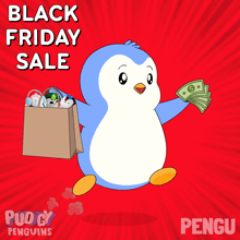 a penguin is holding a bag full of stuffed animals and a pile of money
