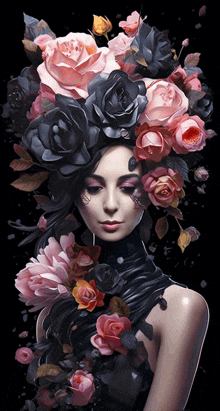 a painting of a woman with black roses in her hair