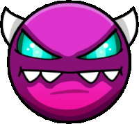 a purple smiley face with horns and teeth