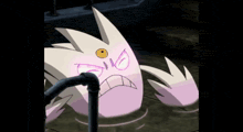 a pink cartoon character with a yellow eye is laying on the ground near a pipe