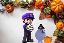 a cartoon character with a skull on his hat is surrounded by pumpkins